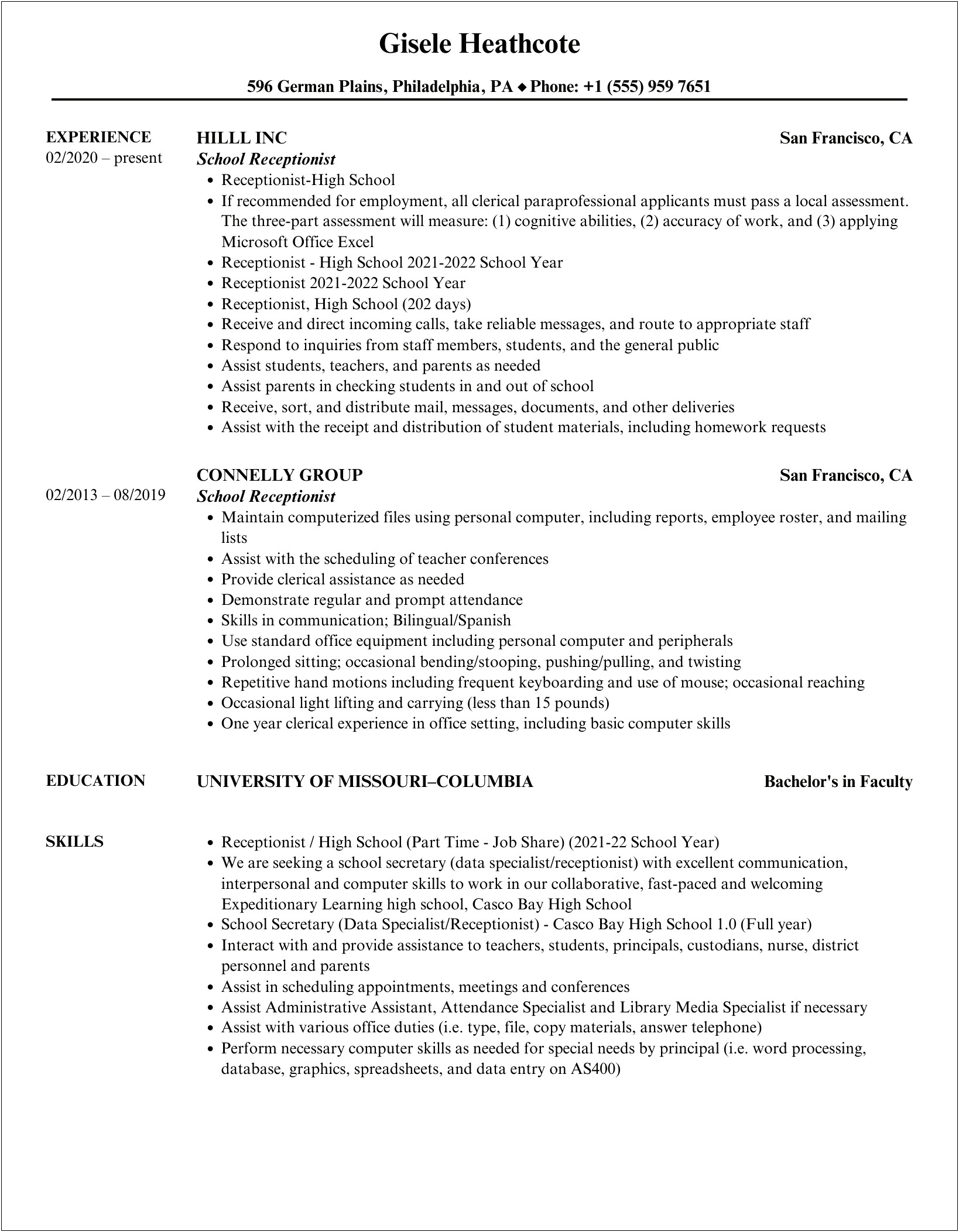 Resume For School Receptionist With No Experience