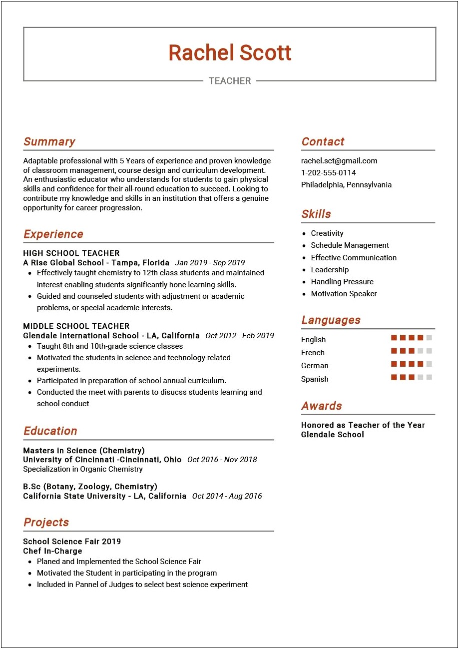 Resume For School Teacher Job Pdf