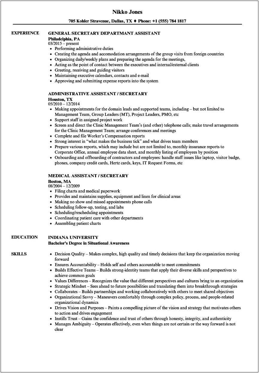 Resume For Secretary Of State Job