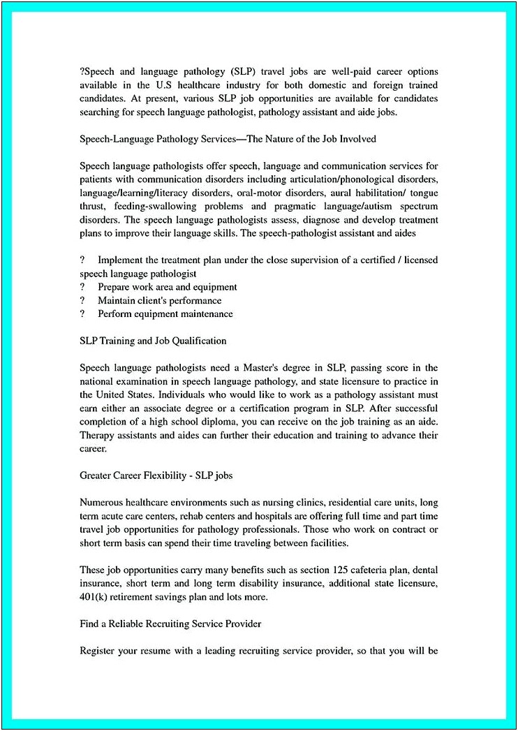 Resume For Skilled Nursing Facility Speech Pathology Jobs