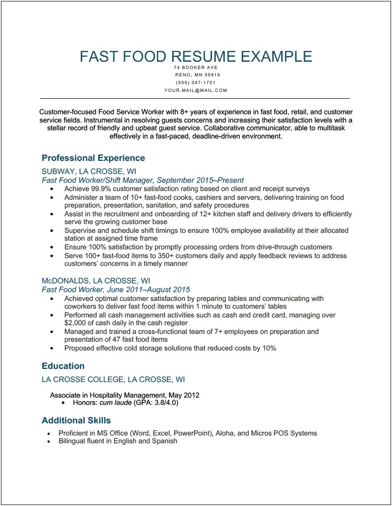 Resume For Someone Who Working In Fast Food