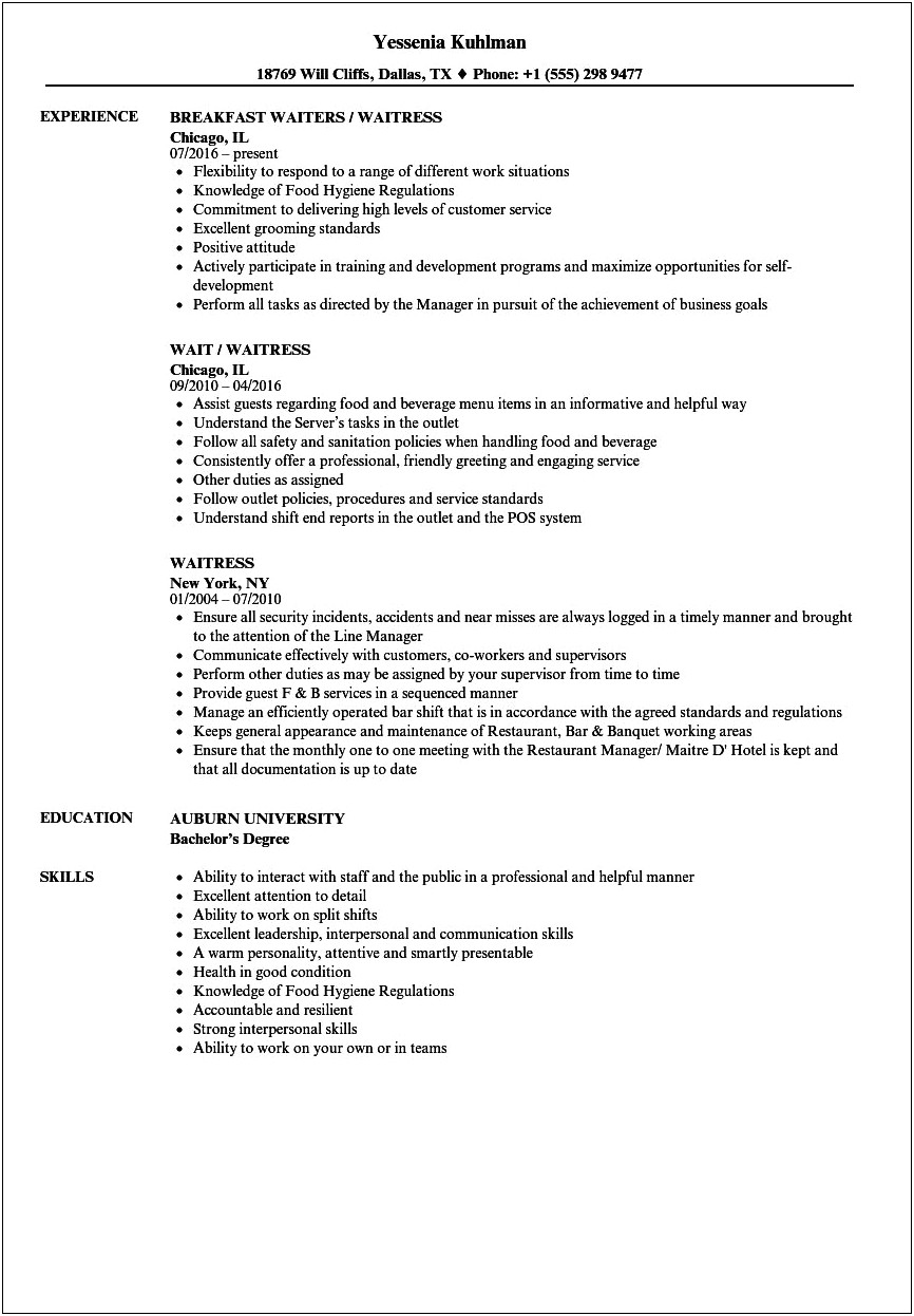 Resume For Someone With Serving Experience