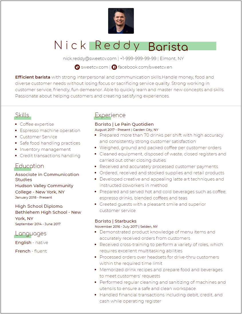 Resume For Starbucks Barista For High School