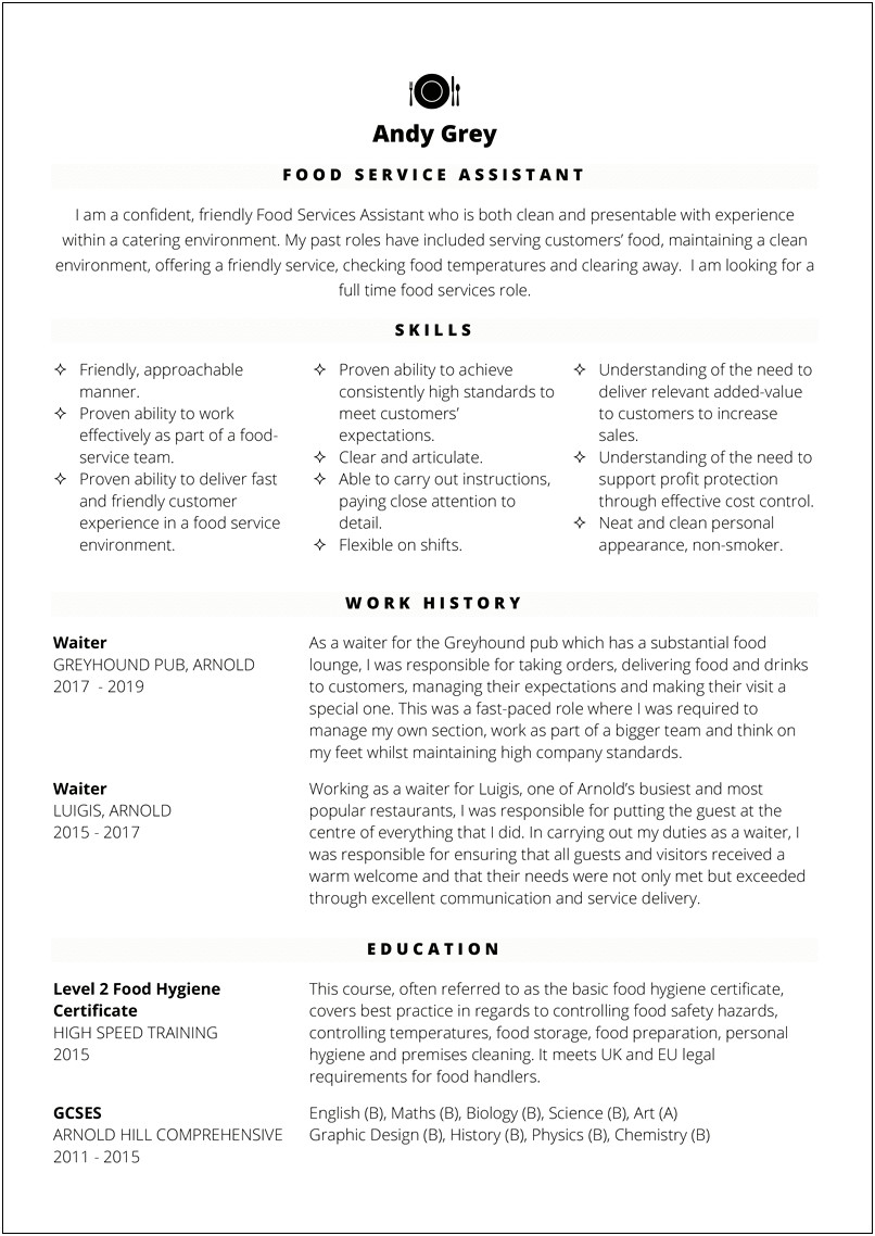 Resume For Summer Job In Fast Food