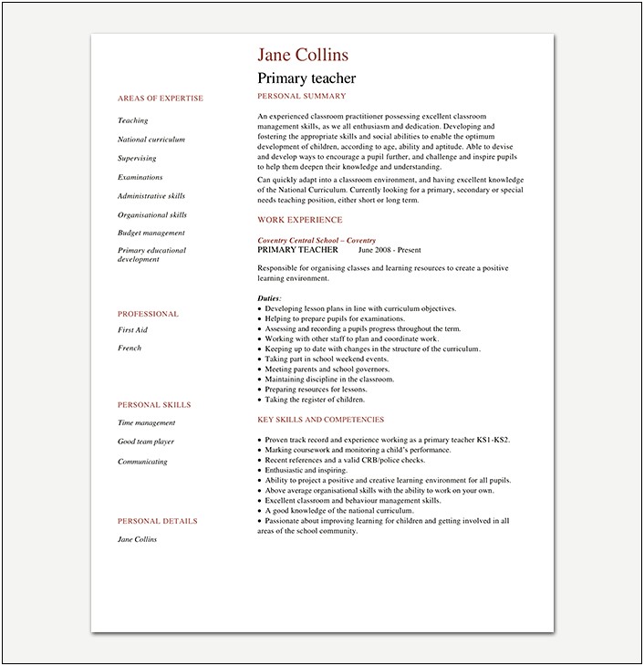 Resume For Teaching Job Fresher Doc