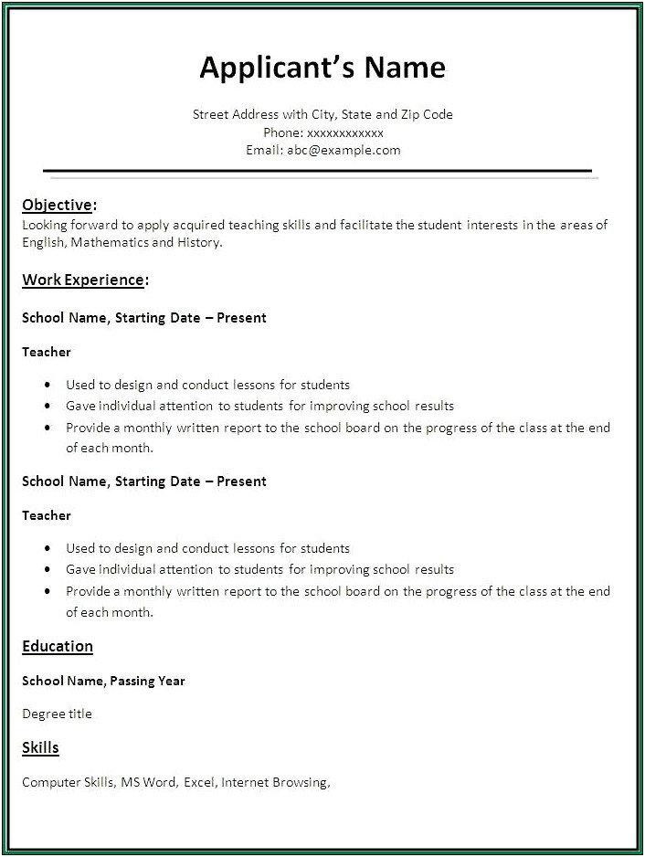 Resume For Teaching Job In School For Fresher