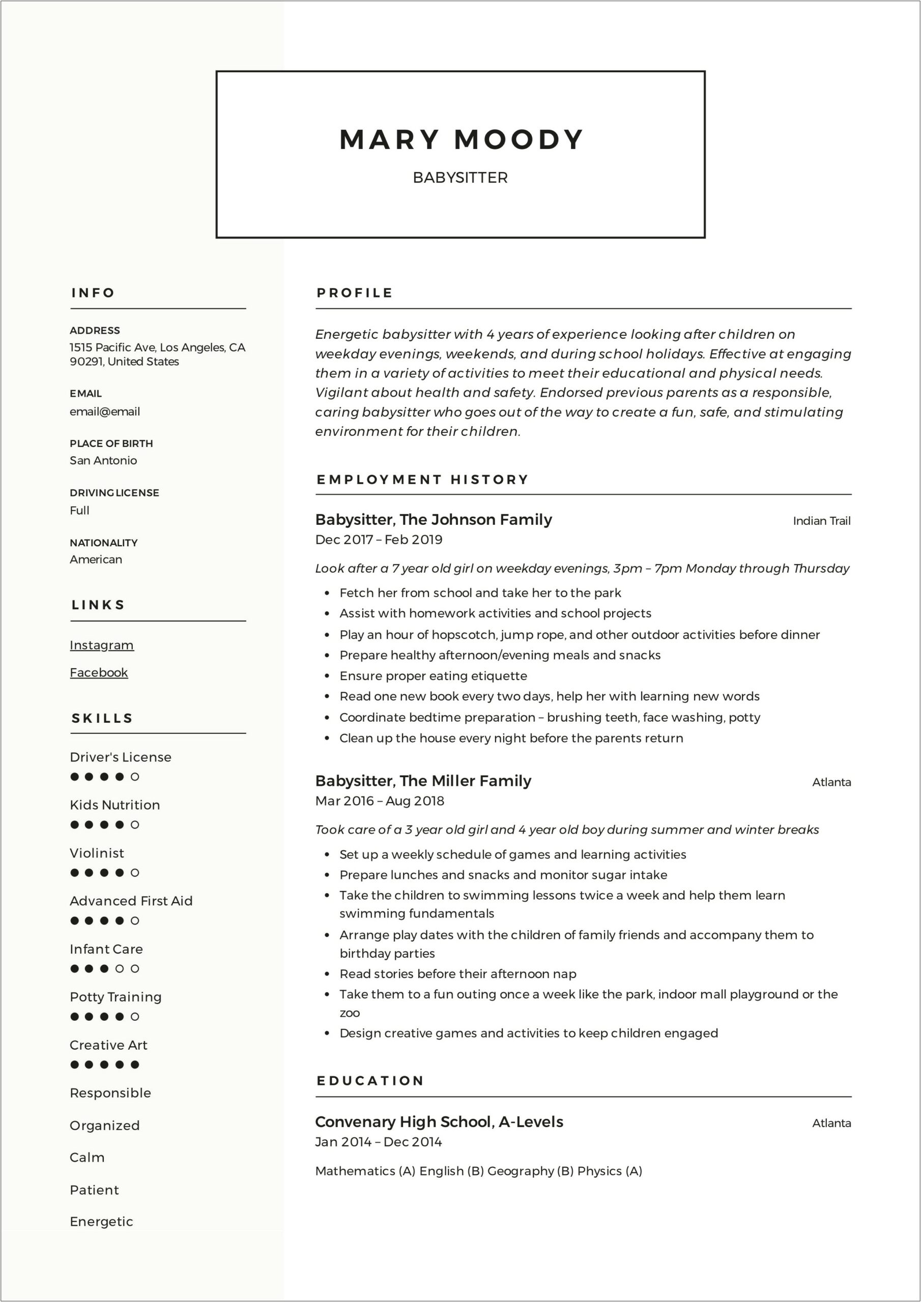 Resume For Teenager With Babysitting Experience
