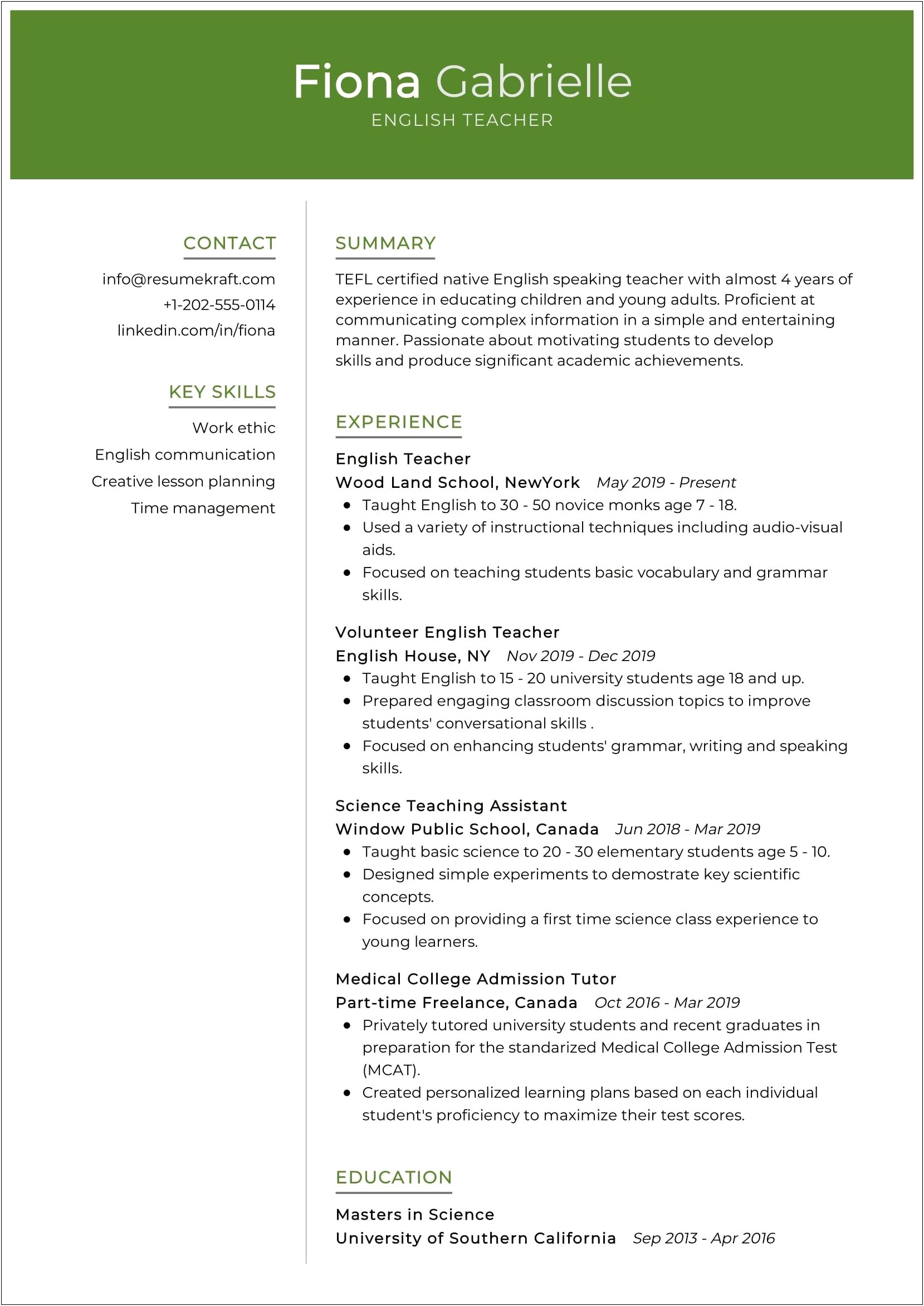 Resume For The Post Of Teacher In School