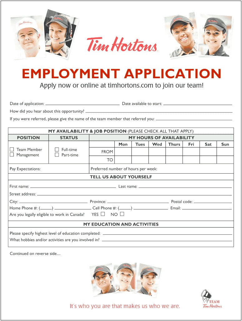 Resume For Tim Hortons No Experience