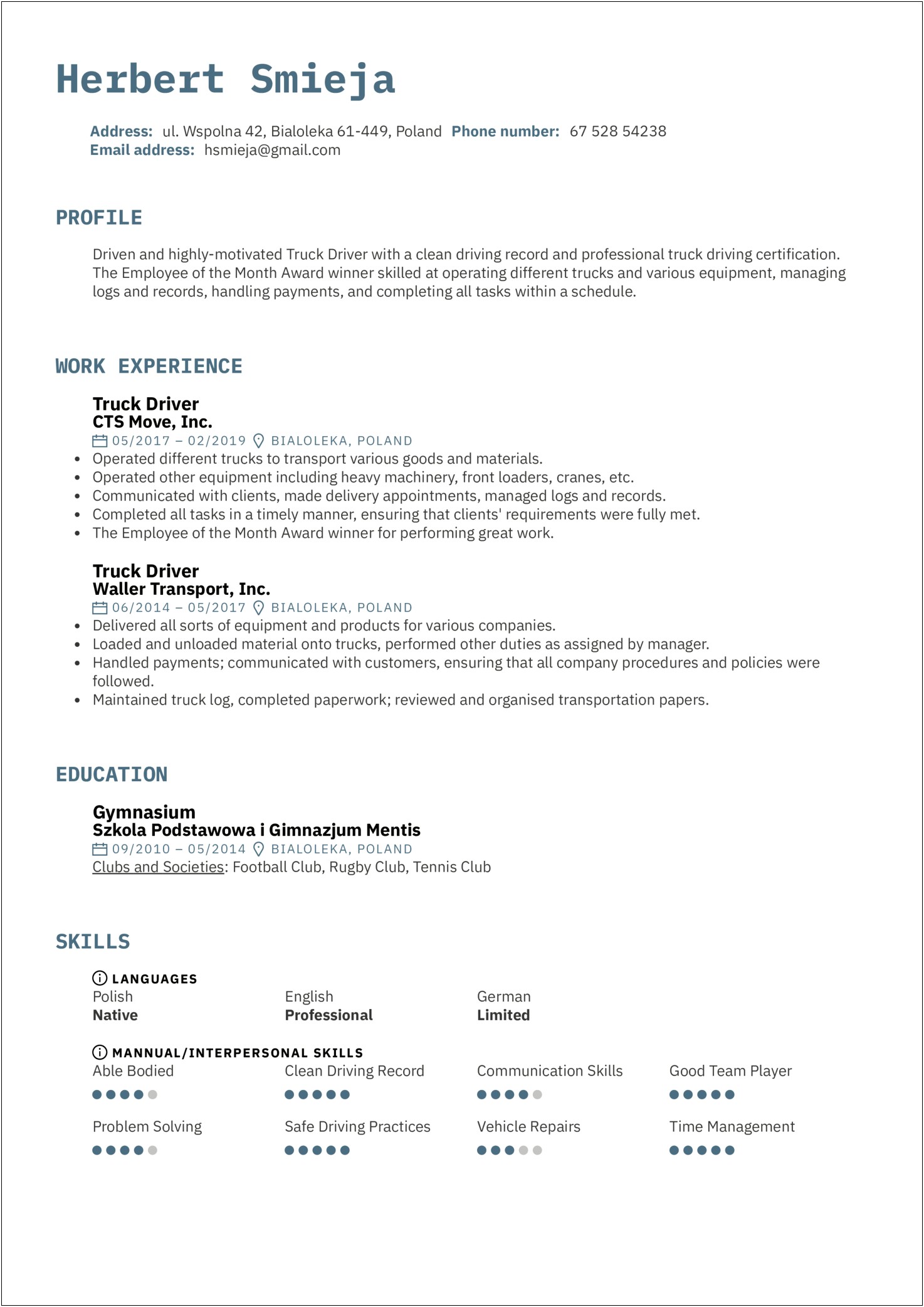 Resume For Truck Driver With No Experience