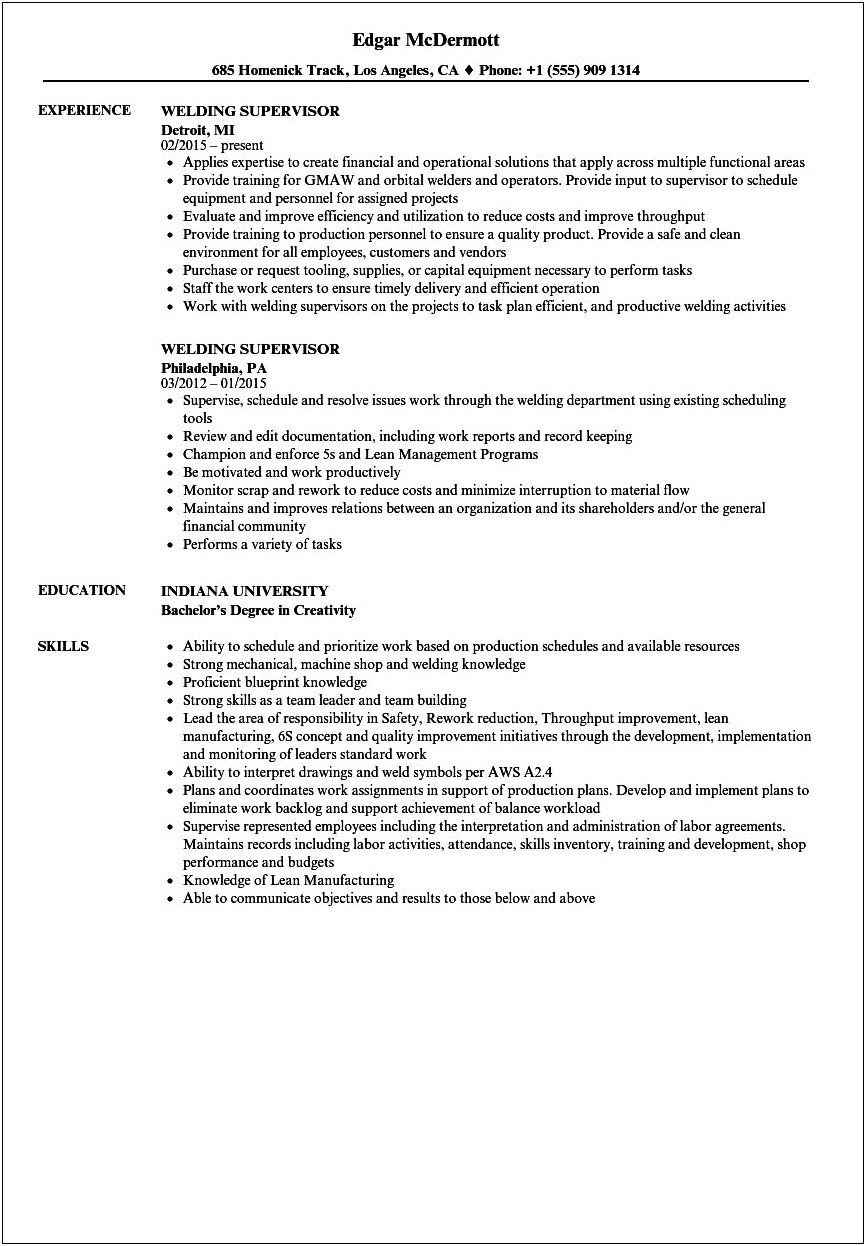 Resume For Welder In Word F