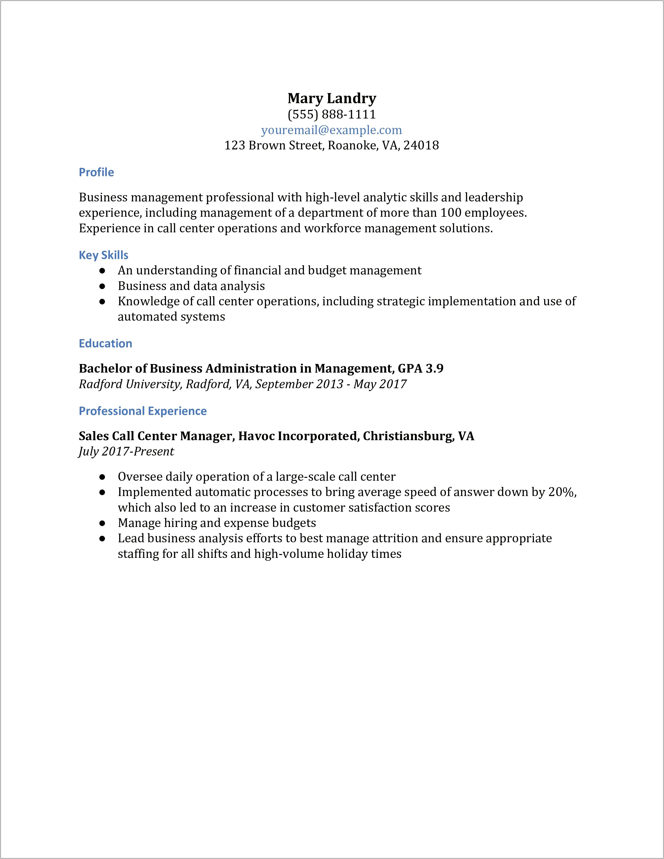 Resume For Workforce Management Manager Exampe