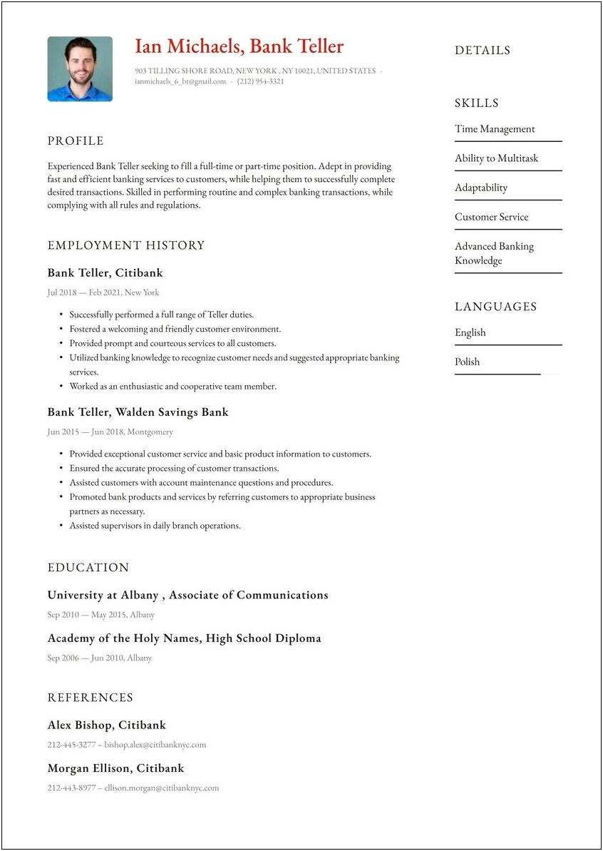 Resume For Working At A Bank