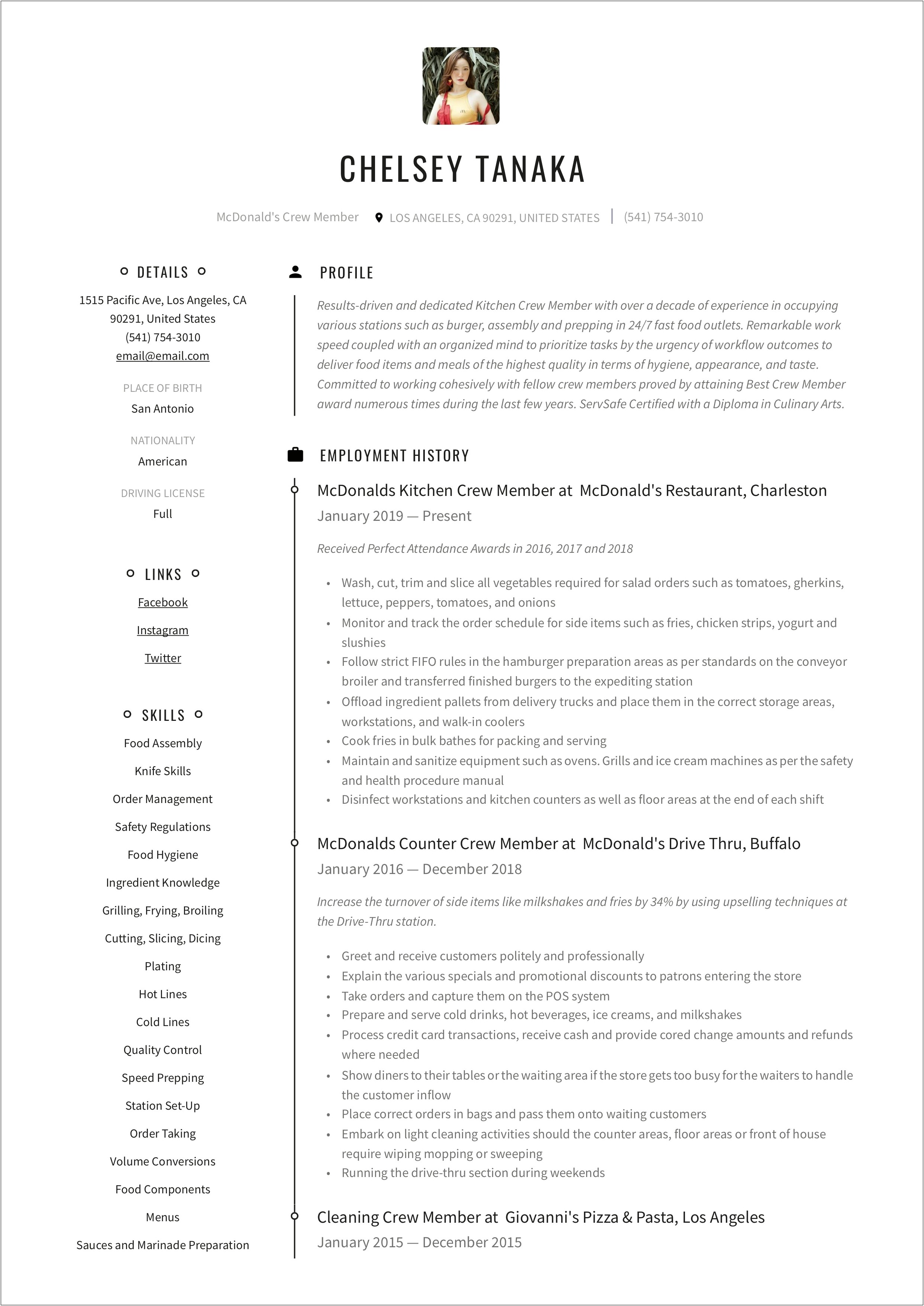 Resume For Working Student In Fast Food