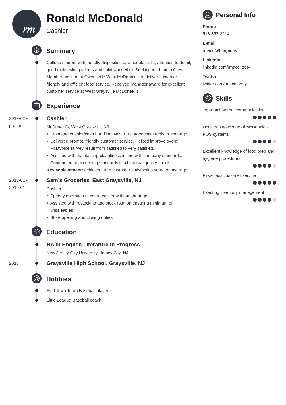 Resume For Working Student In Mcdo