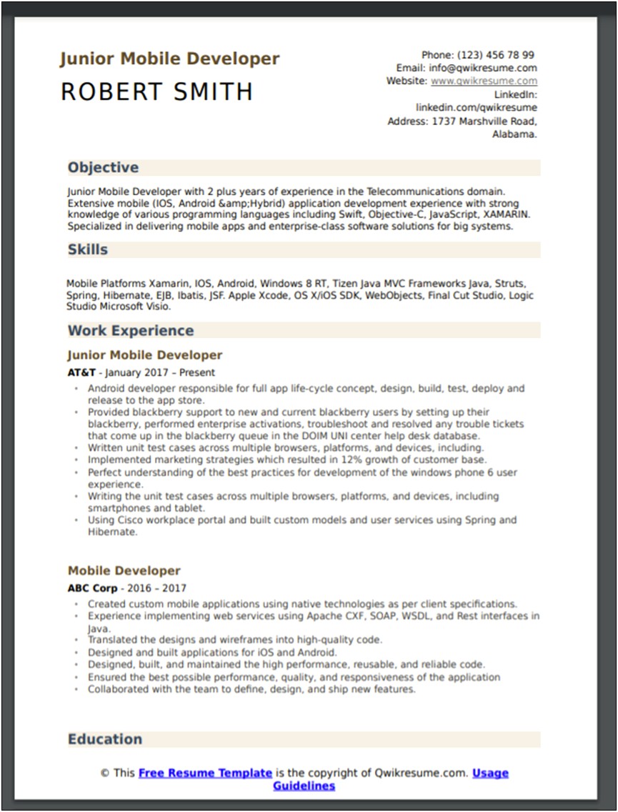 Resume For Xamarin Developer With 2 Year Experience