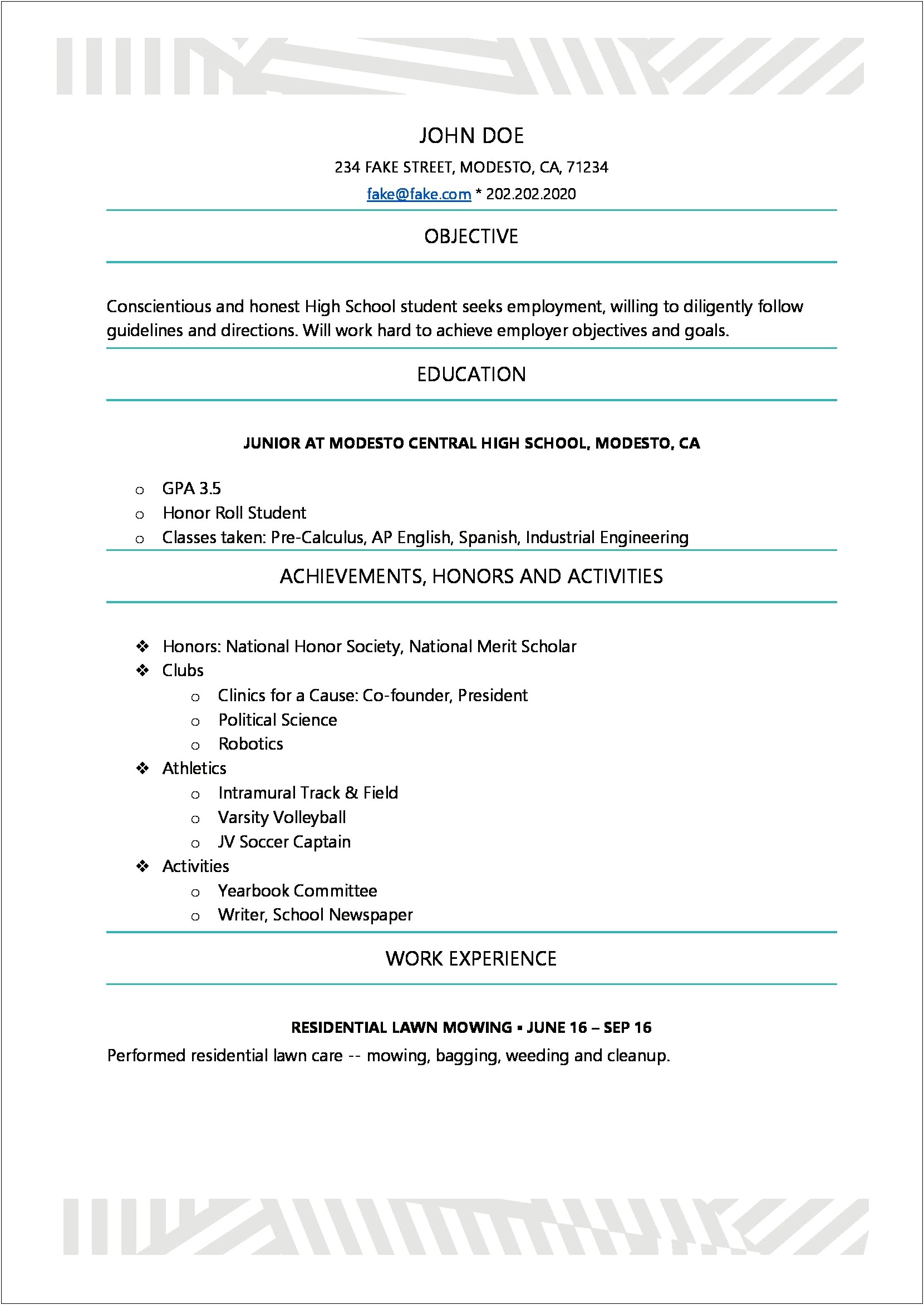 Resume Form For High School Students