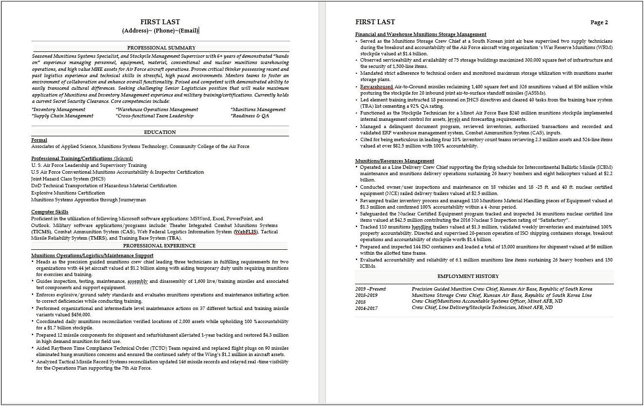 Resume Format Education First Military Experience