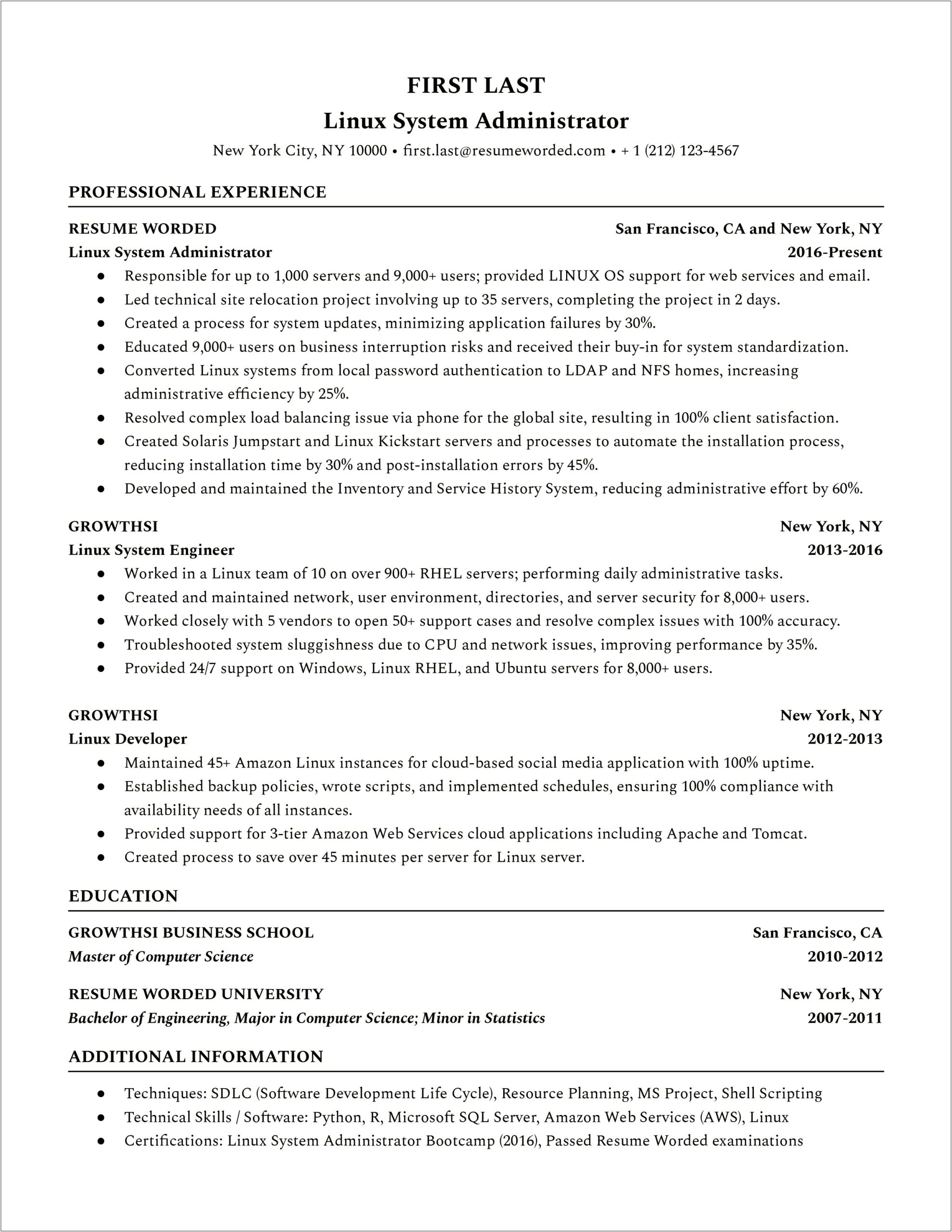 Resume Format For 1 Year Experience In Linux