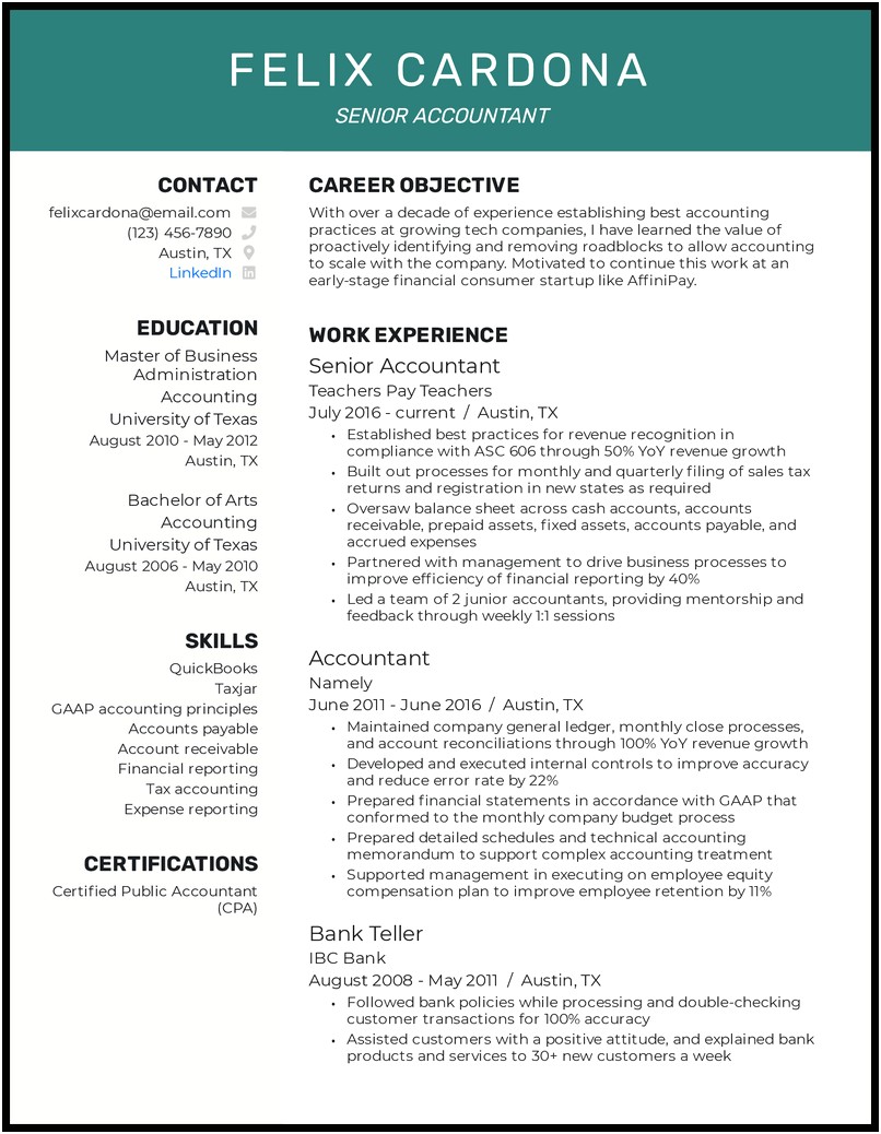 Resume Format For 6 Months Experience In Accounting