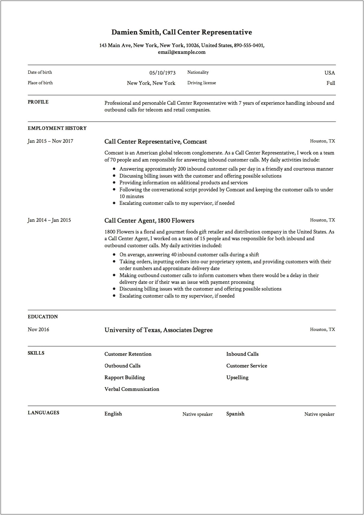 Resume Format For A Call Center Job
