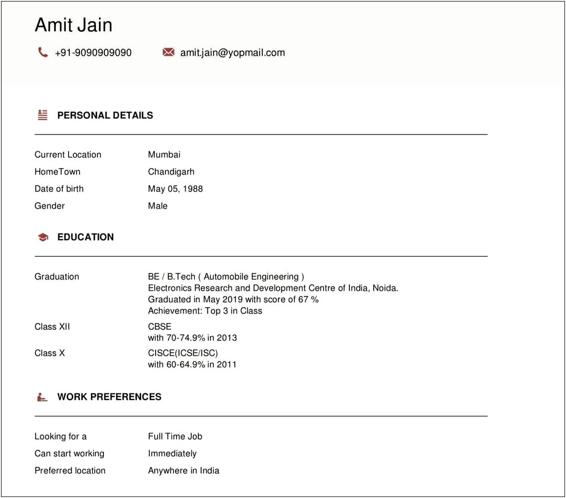 Resume Format For Fresher 12th Pass Word