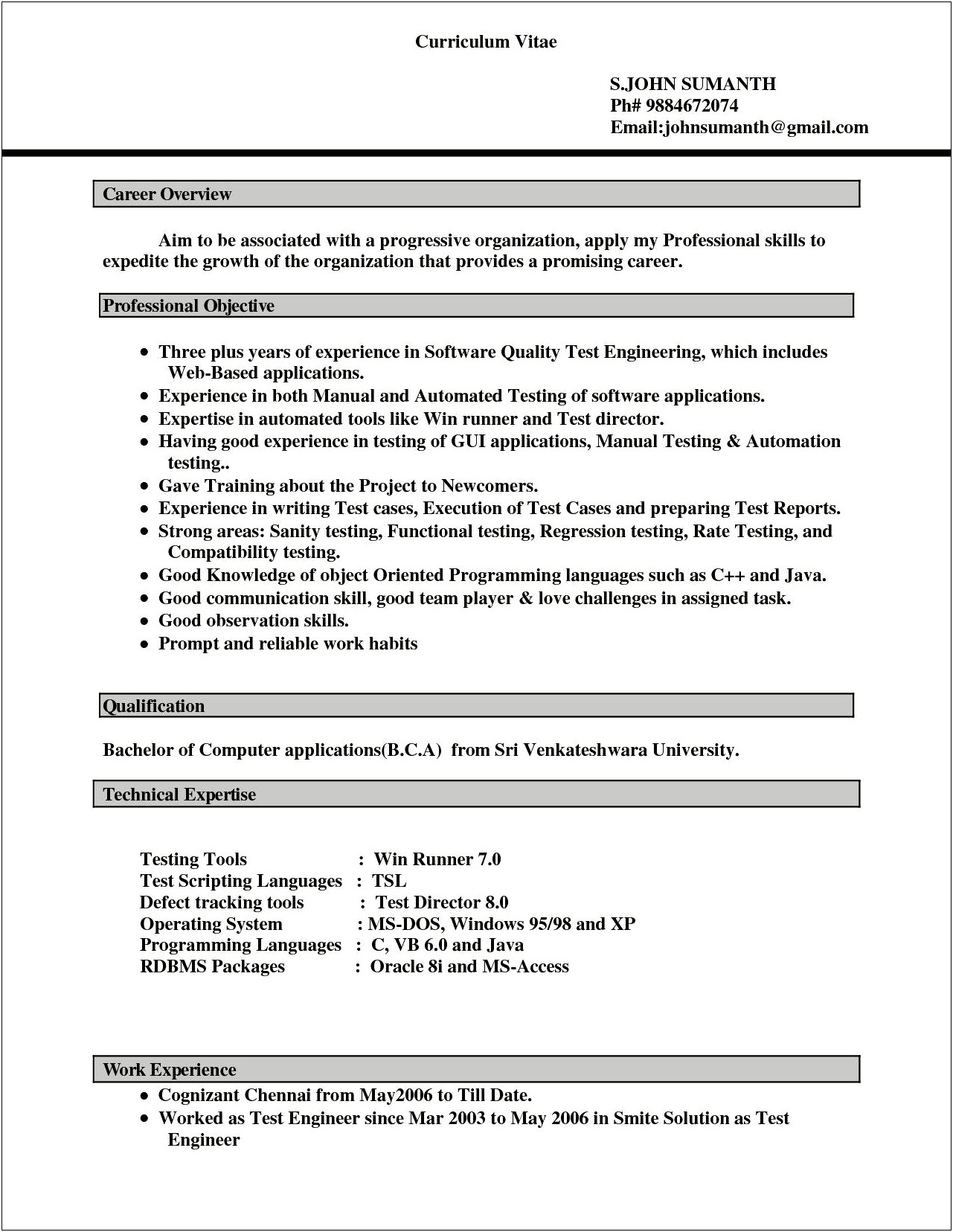 Resume Format For Freshers In Microsoft Word