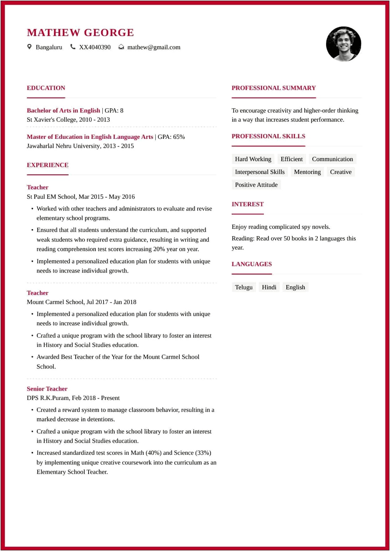 Resume Format For School Teacher Pdf