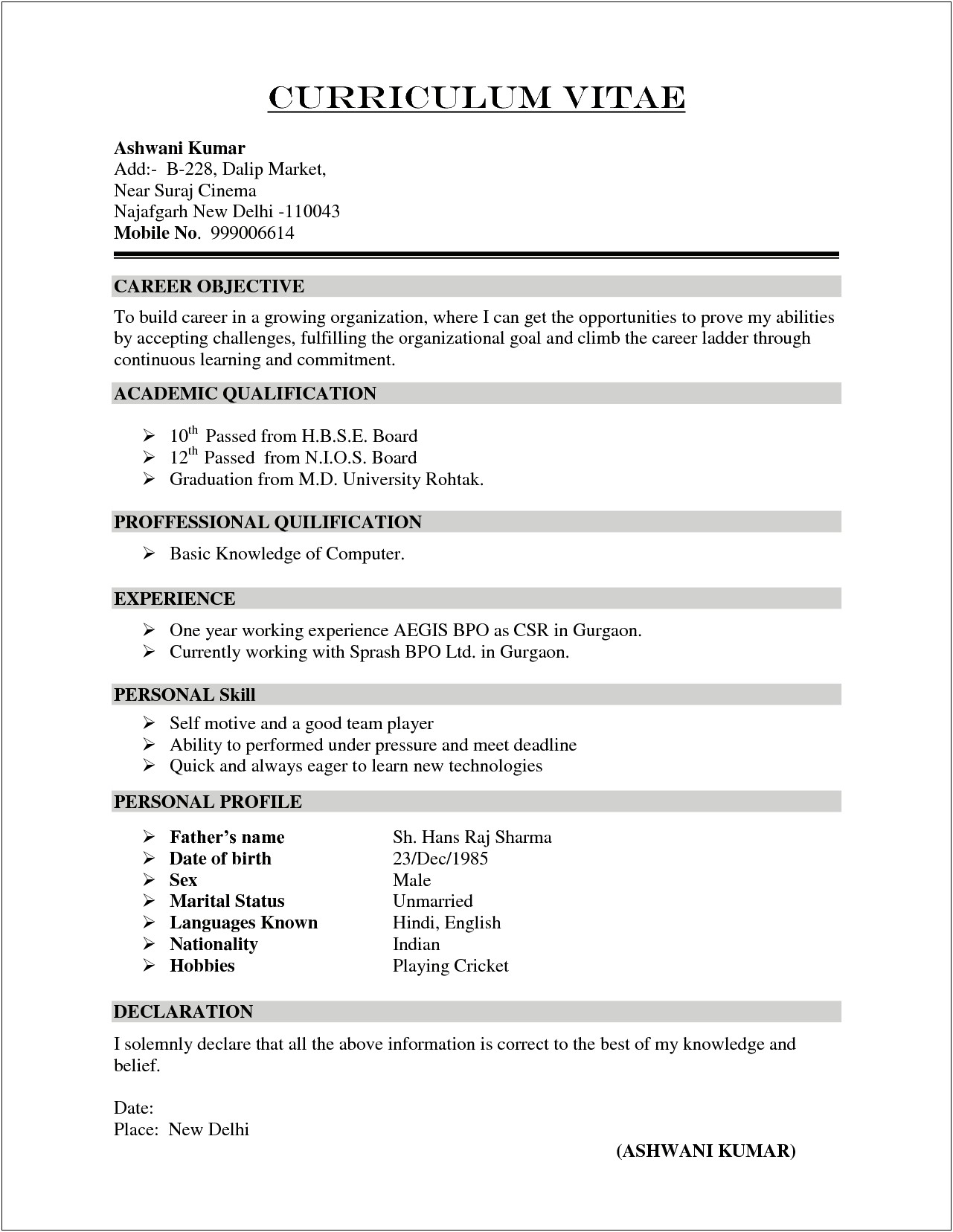 Resume Format In Ms Word For Teacher
