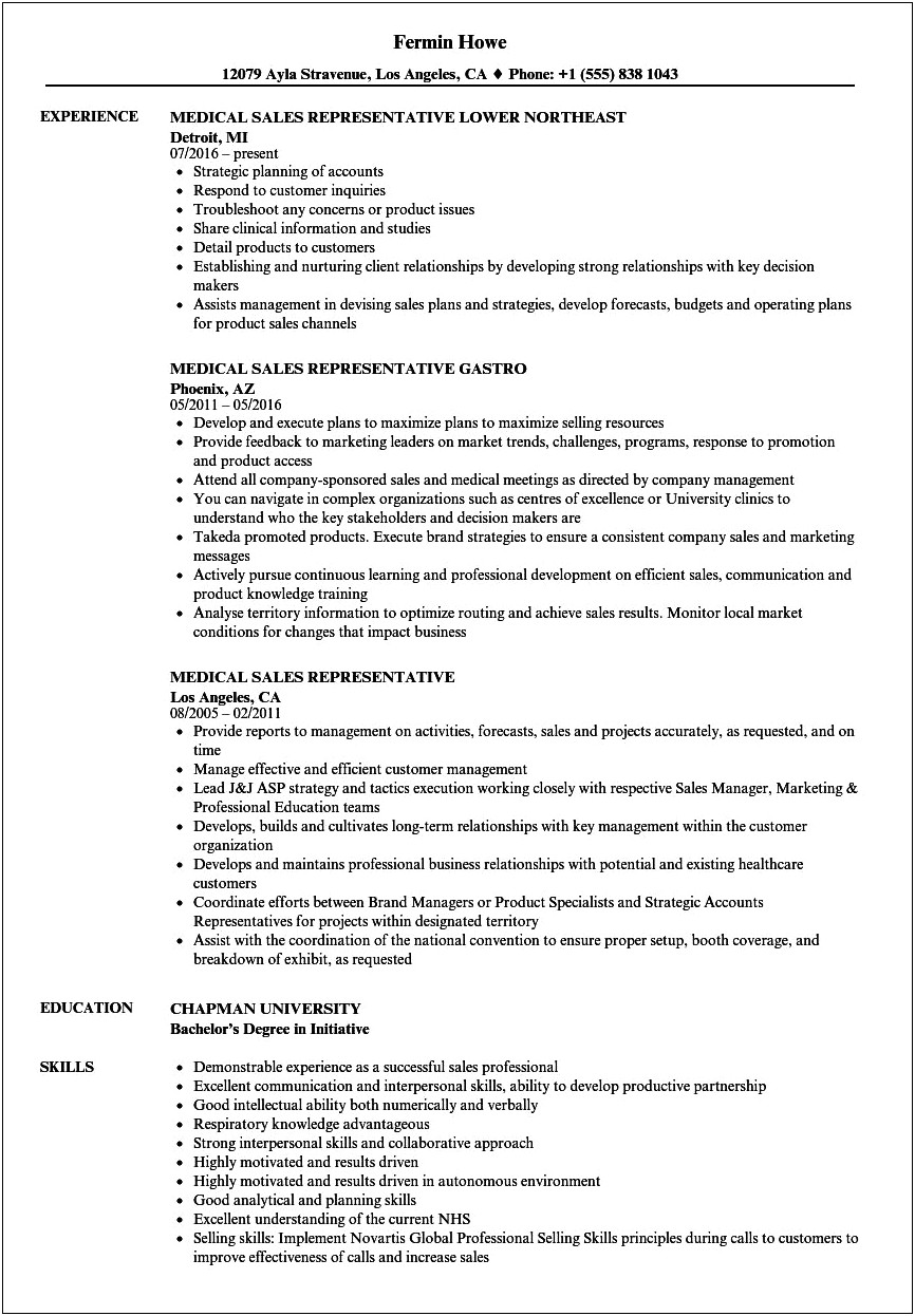 Resume Format In Word For Medical Representative