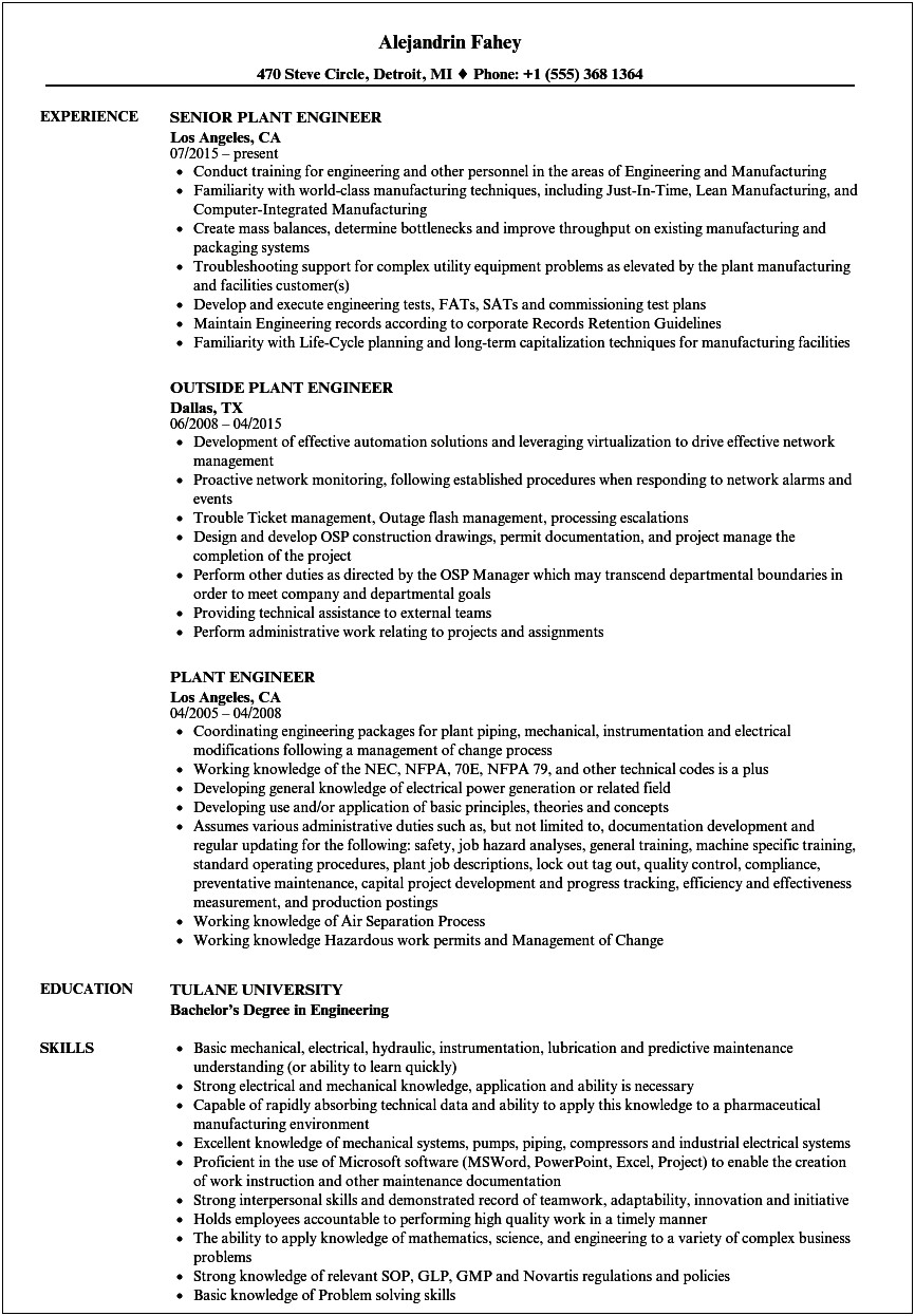 Resume Forms For Working In A Plant