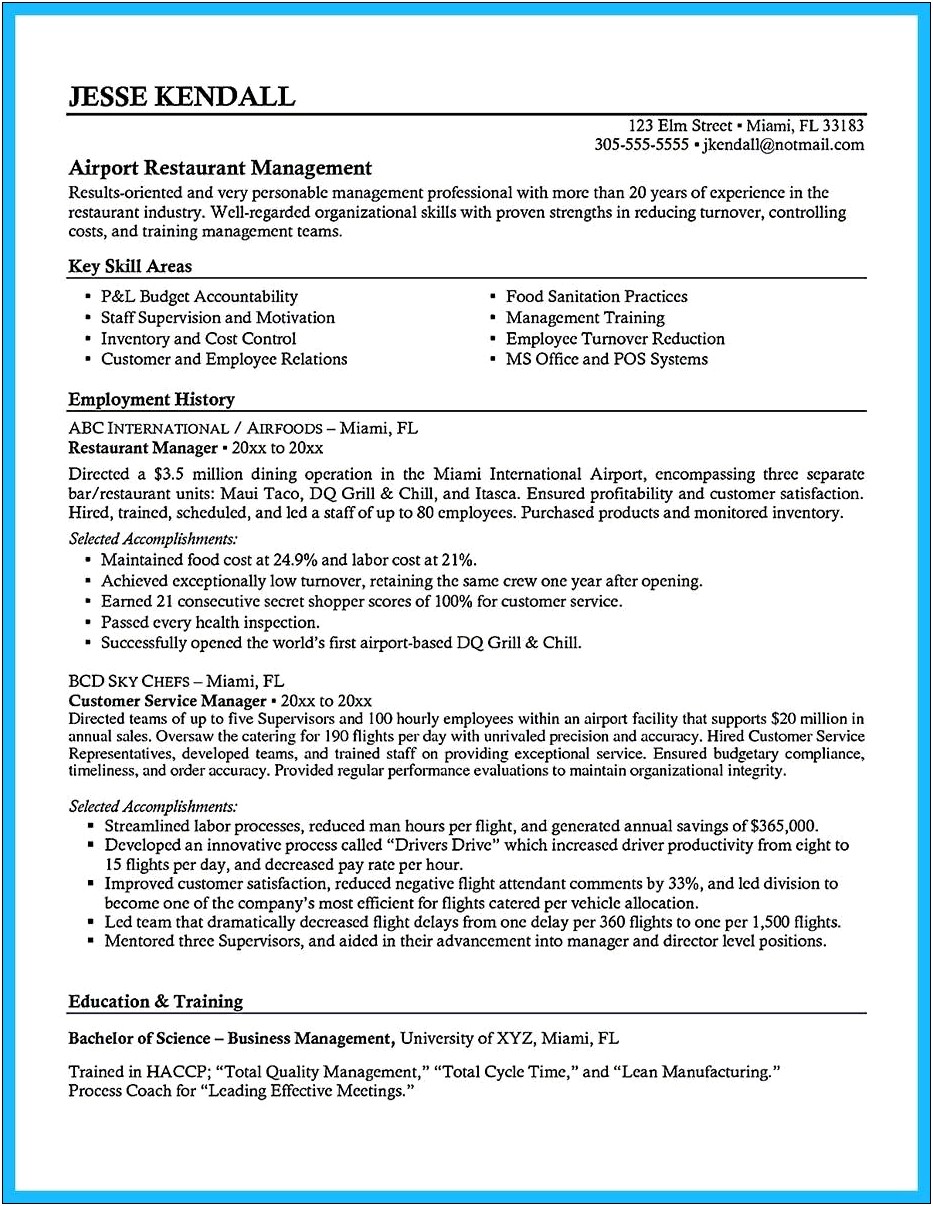 Resume From Restaurant Manager To School Office