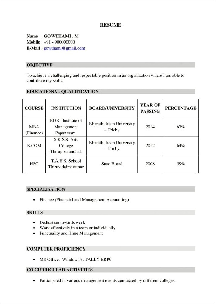 Resume Headline For Mba Freshers Sample