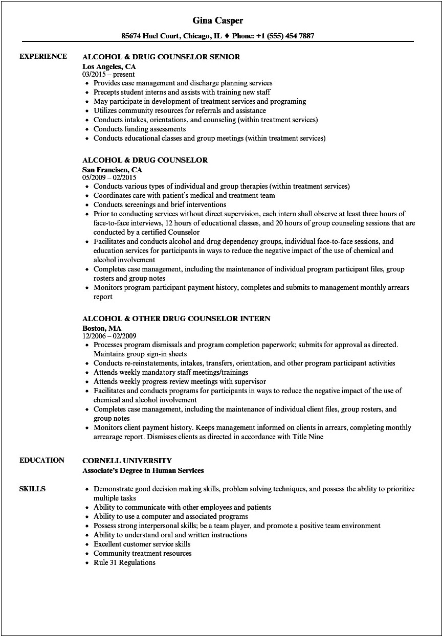 Resume Job Description Drug And Alcohol Counselor Youth