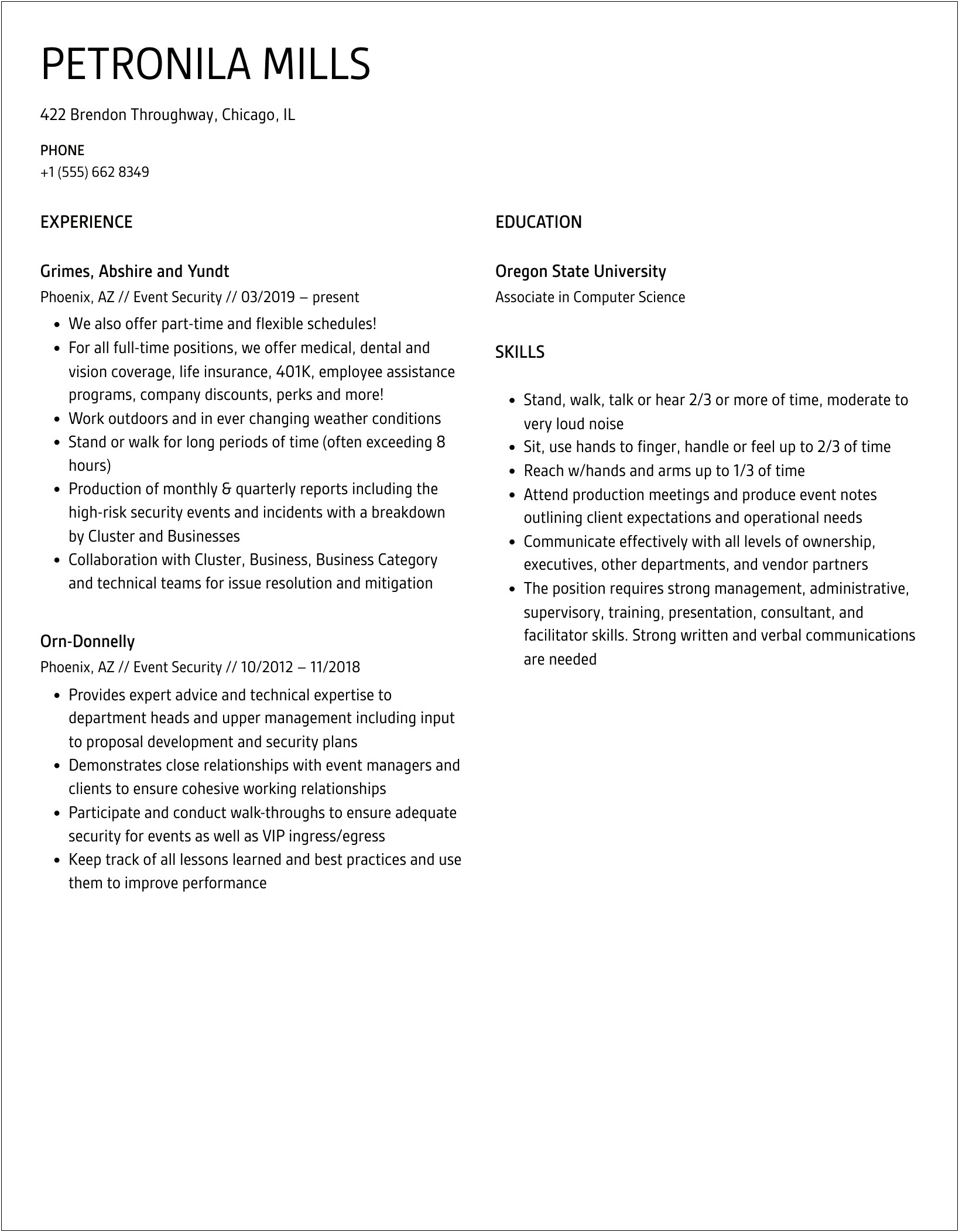 Resume Job Description Examples Event Security