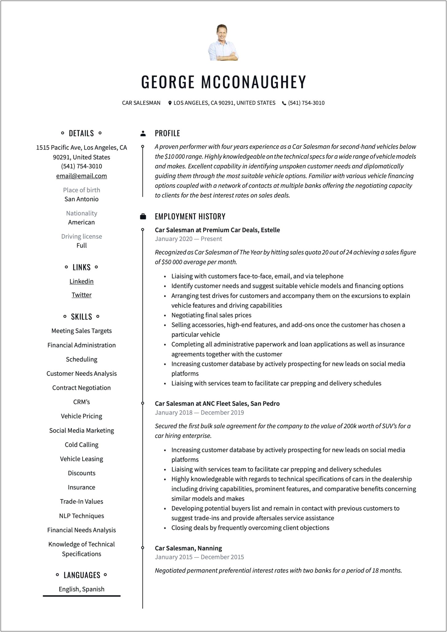 Resume Job Description For Cars Salesman