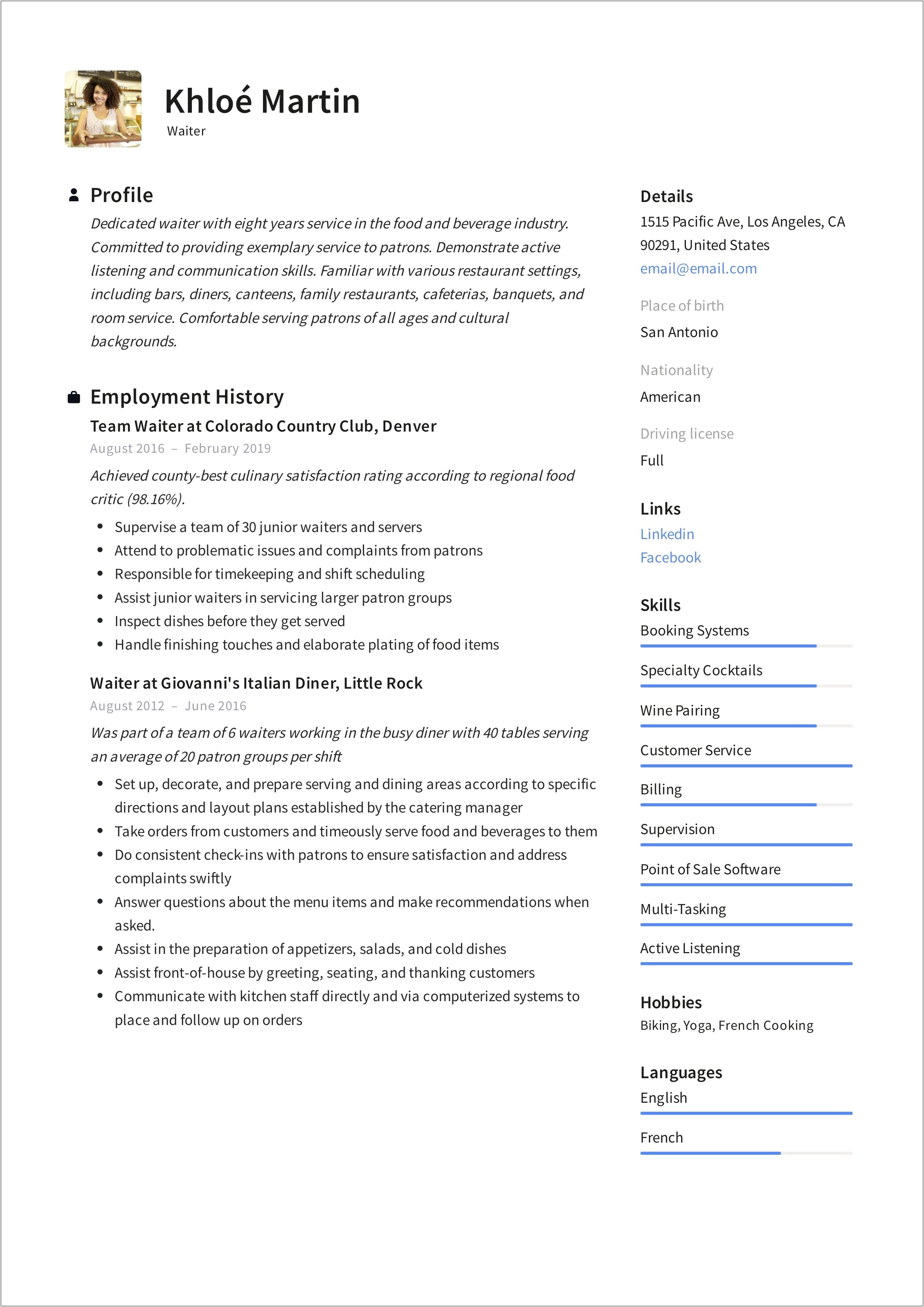 Resume Job Description For Food Server