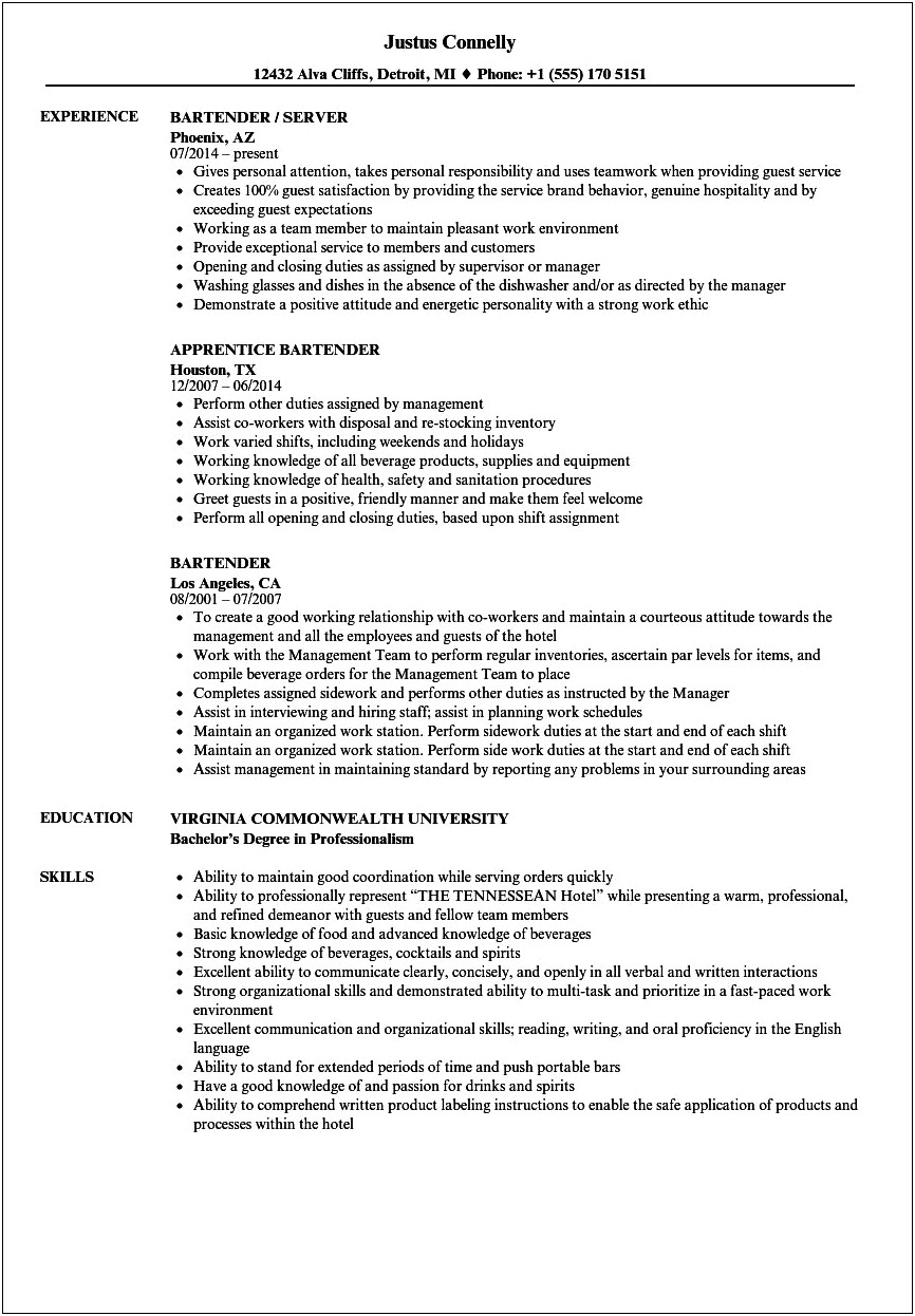 Resume Job Description For Hotel Bartender