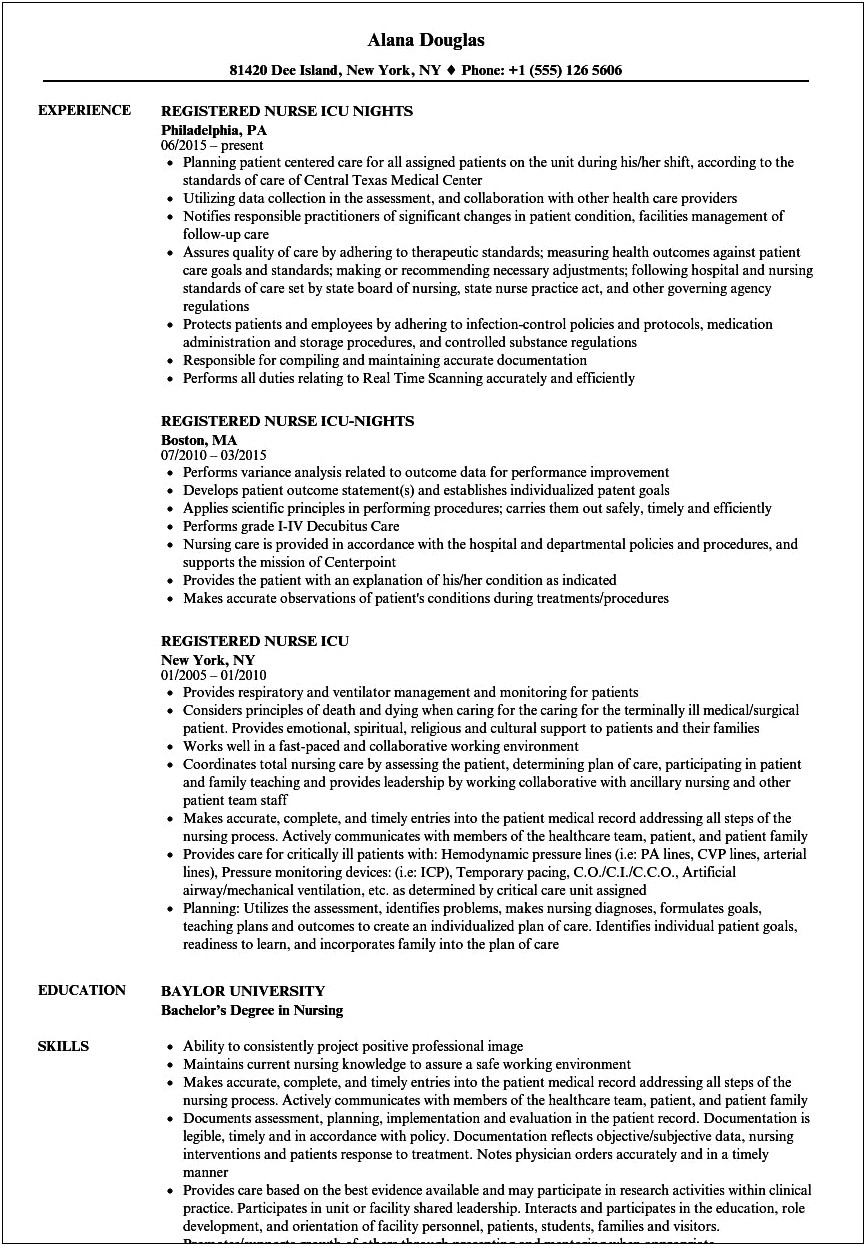 Resume Job Description For Icu Nurse
