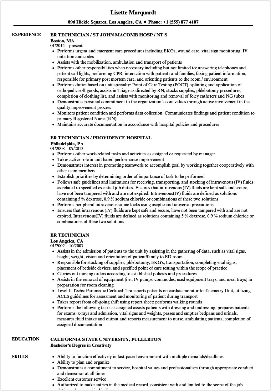 Resume Job Description For Level 1 Trauma Technician