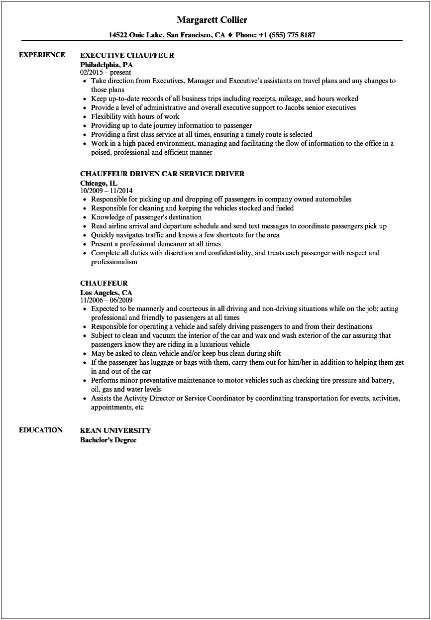 Resume Job Description For Personal Driver