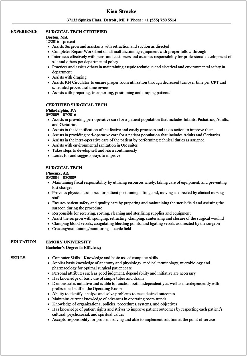 Resume Job Description For Trauma Technician