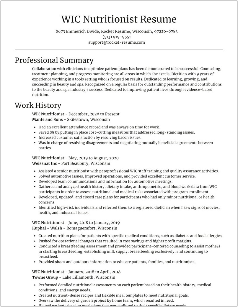 Resume Job Description For Wic Nutritionist