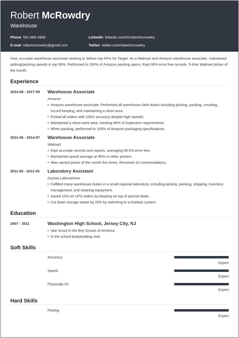 Resume Job Experience For Warehouse Job