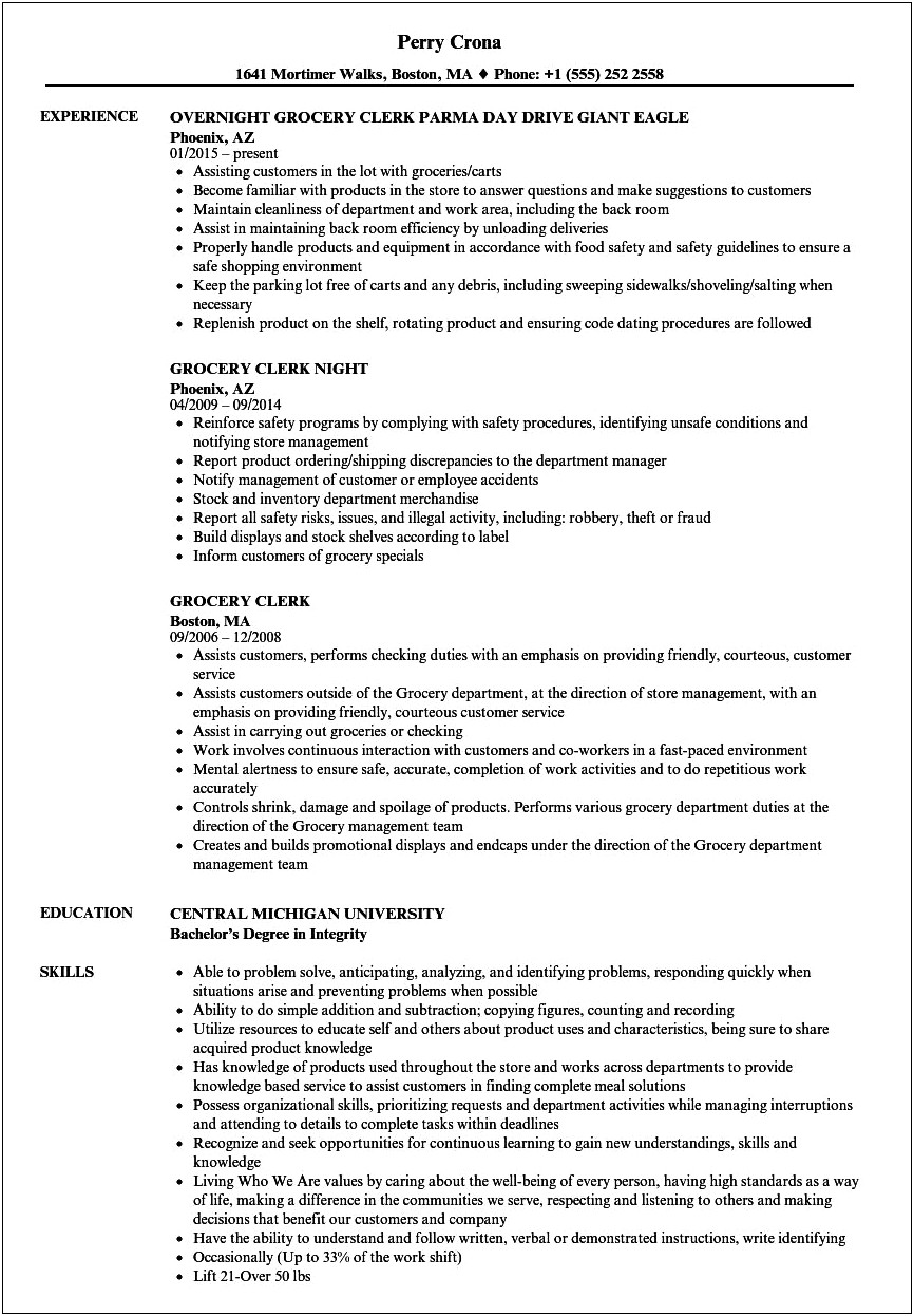 Resume Job History At A Supermarket Description