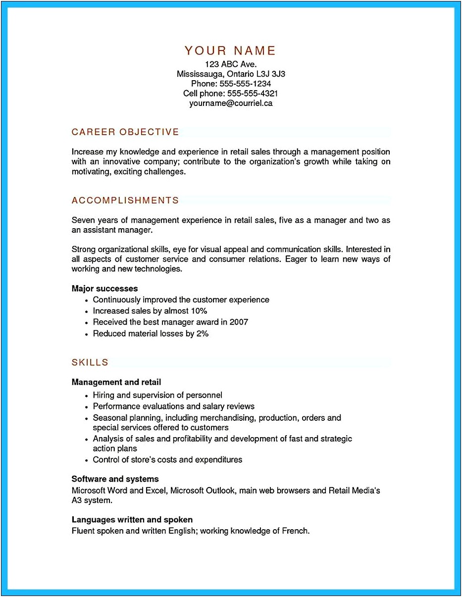 Resume Job Objective For Retail Manager