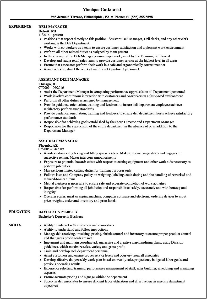 Resume Job Task Descriptions For Grocery Store Deli