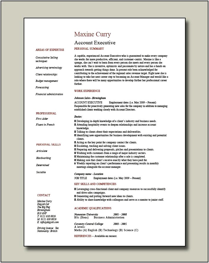 Resume Junior Account Executive Canada Template