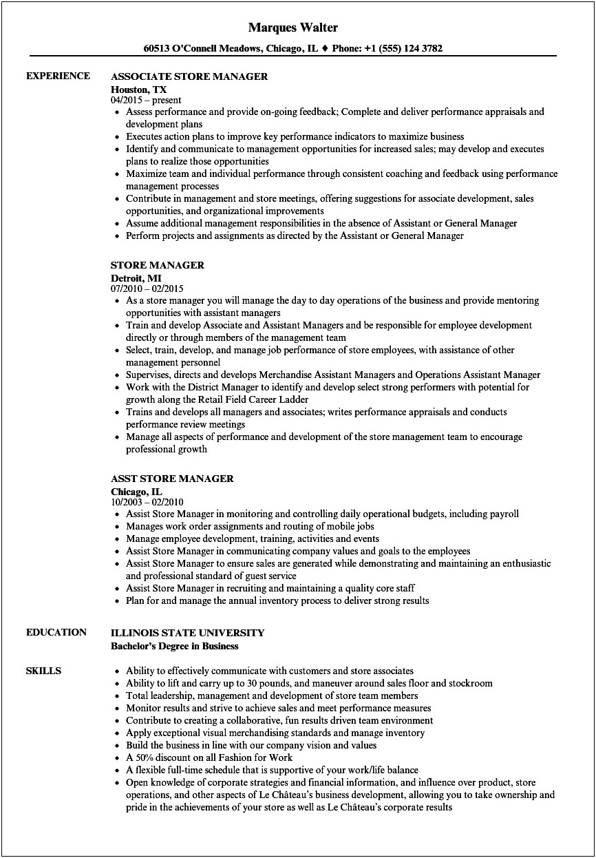 Resume Model For Assistance Manager Experience In Dollartree