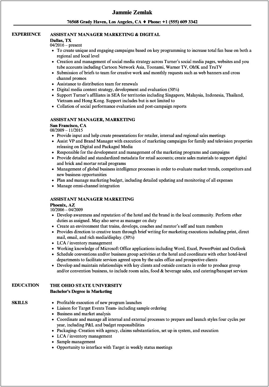 Resume Model For Assistance Manager In Dollartree